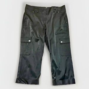 Cache Black Cargo Pants Cropped Cuffed Satin Look - Size 12 EUC